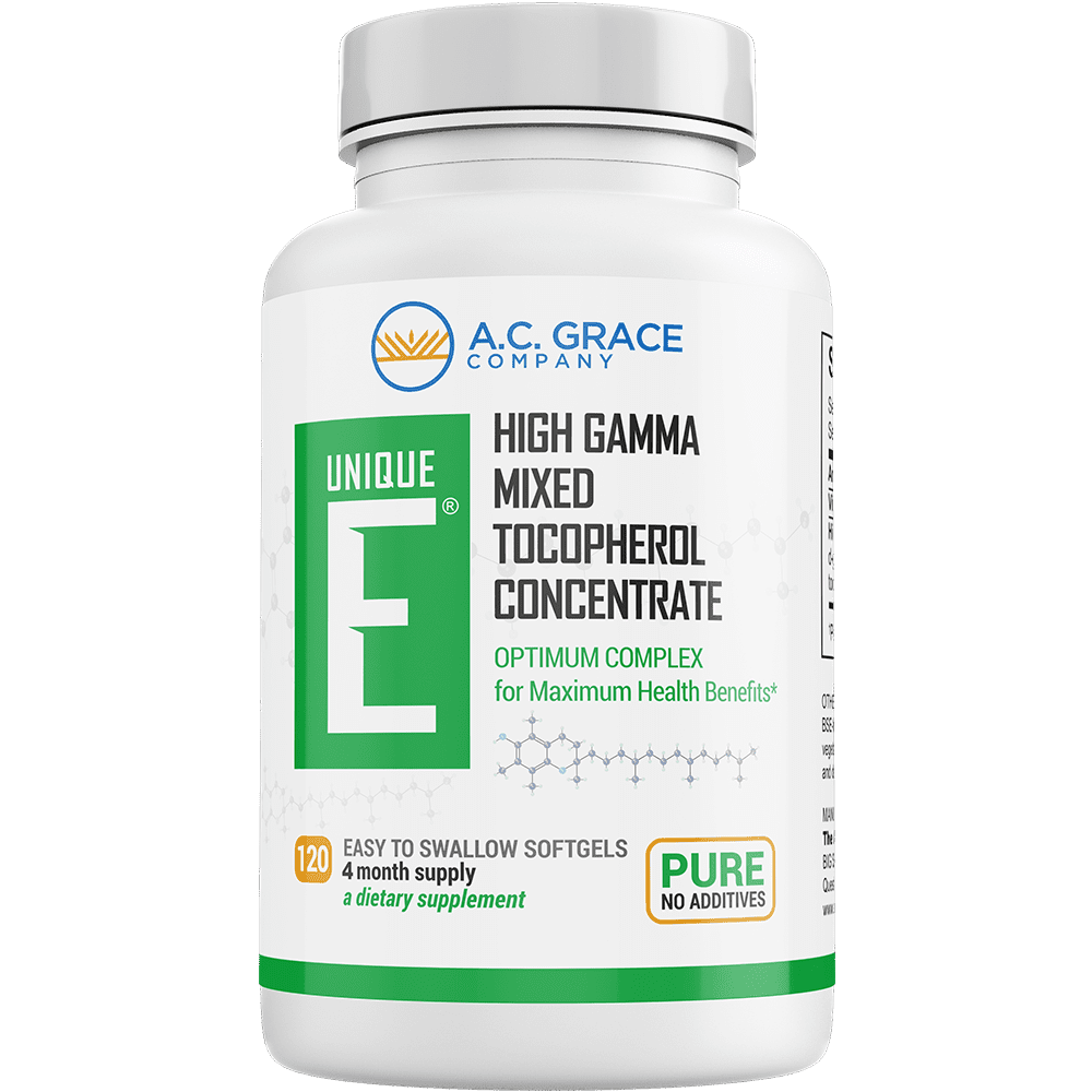 ACGrace - A white bottle of UNIQUE E® Mixed Tocopherols Concentrate dietary supplement by A.C. Grace Company, 120 softgels, contains a pure blend of mixed tocopherols for antioxidant support with no additives.