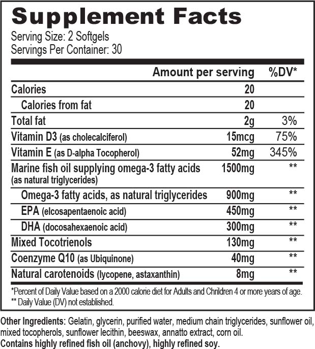 ACGrace – UNIQUE OMEGA E+® – 60 Softgels features a Supplement Facts label that details the nutritional information per serving, including calories, fat, vitamins, omega-3 fatty acids, and other ingredients. ACGrace - UNIQUE OMEGA E+® – 60 Softgels features a Supplement Facts label that details the nutritional information per serving, including calories, fat, vitamins, omega-3 fatty acids, and other ingredients.