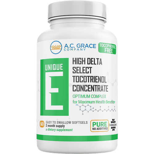 ACGrace - UNIQUE E® Tocotrienols – Tocopherol FREE comes in a white bottle with 60 softgels, featuring high DeltaGold® tocotrienol concentrate and no additives.