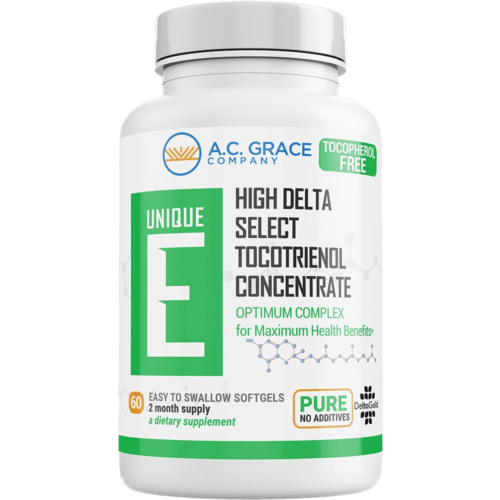 ACGrace - UNIQUE E® Tocotrienols – Tocopherol FREE comes in a white bottle with 60 softgels, featuring high DeltaGold® tocotrienol concentrate and no additives.