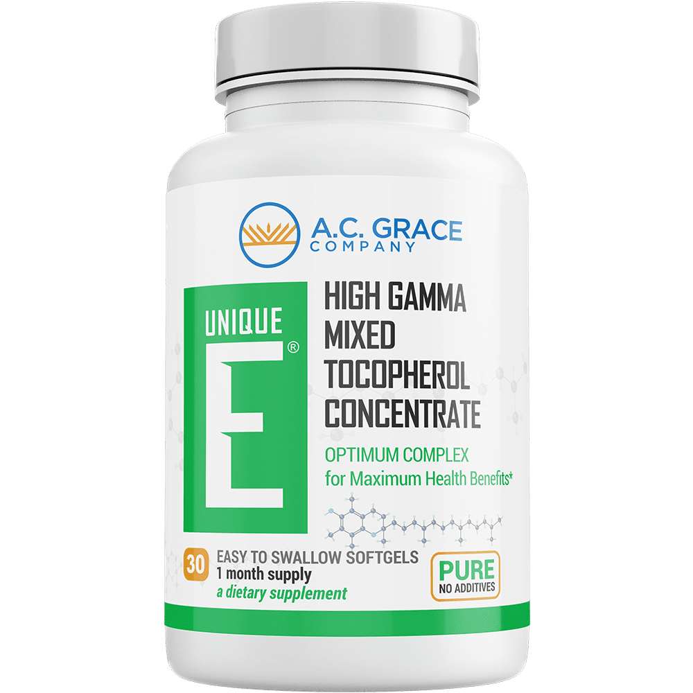 ACGrace - A white bottle labeled "UNIQUE E® Mixed Tocopherols Concentrate – 30 Softgels," a dietary supplement.