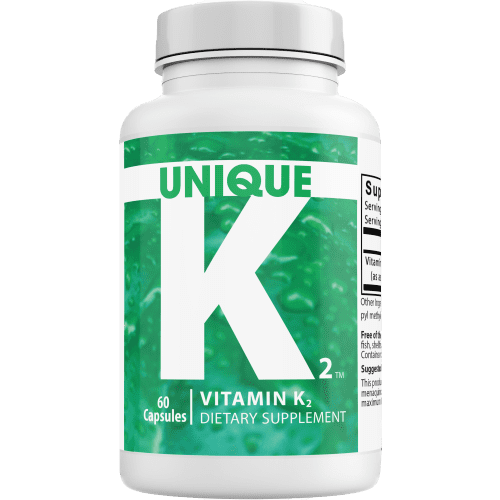 ACGrace - A white bottle labeled "UNIQUE Vitamin K2™ Supplement - MK-7 50mcg," containing 60 vitamin K2 capsules, is shown against a white background.
