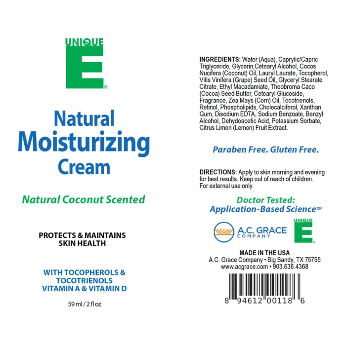 ACGrace - UNIQUE E® Natural Moisturizing Cream, Coconut Scented – 2 ounce tube.