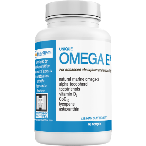 ACGrace - Bottle of unique omega e+ dietary supplement with alpha tocopherol and tocotrienols.