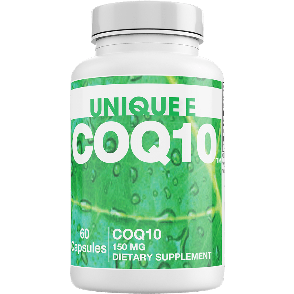 ACGrace - A white bottle labeled "UNIQUE CoQ10™ Ubiquinol 150 mg CQ10 - 60 Softgels," featuring a green leaf background on the label.